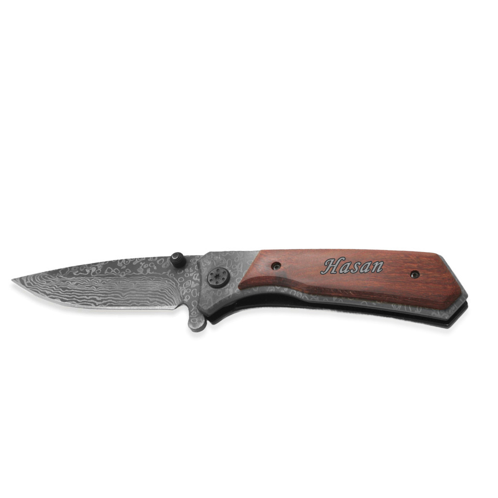 Browning Gül Ağacı Kabzalı Damascus Model Kişiye Özel İsim Yazılı 9Cr18MoV Kalite Paslanmaz Çelik Avcı ve Kamp Bıçağı - 1