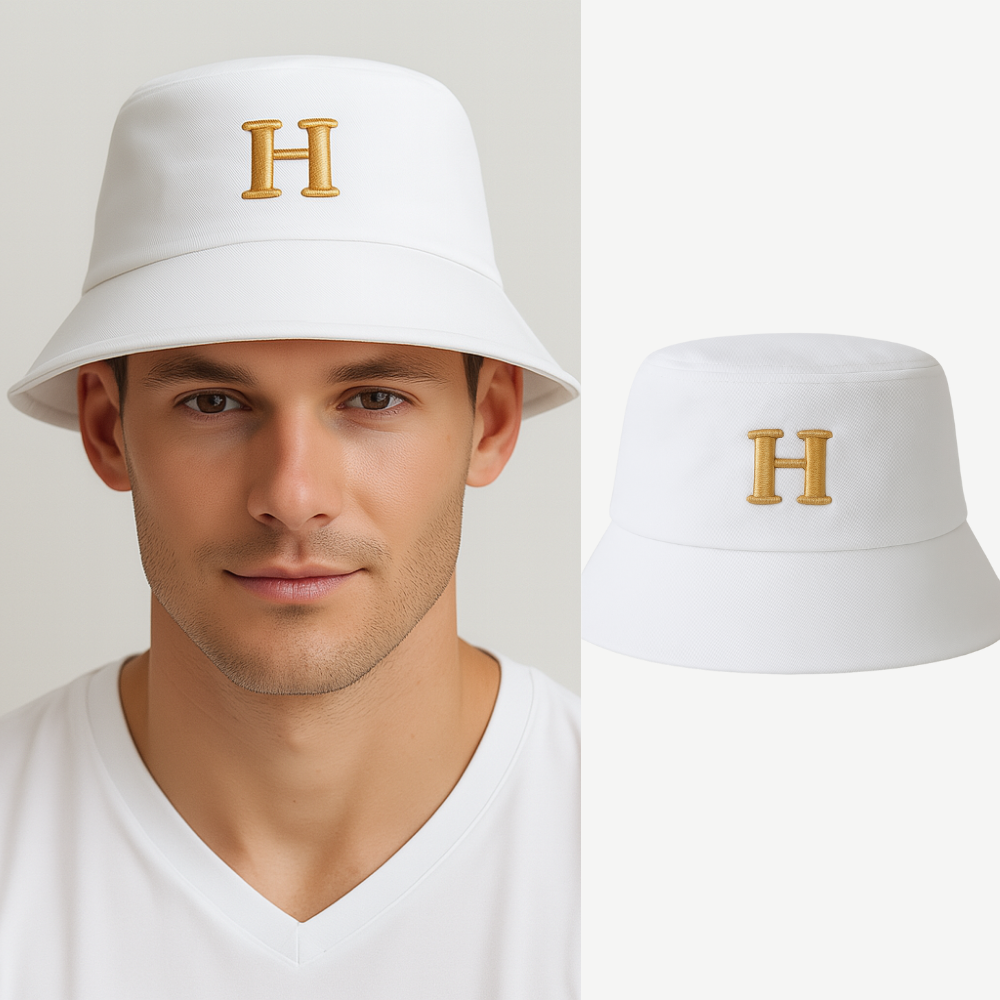 İsme Özel Harf Nakışlı Unisex Beyaz Bucket Şapka - 1