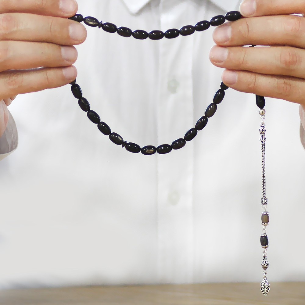 Bufalo Boynuzu Tesbih - 925 Ayar Gümüş Püsküllü - Koyu Renk - Kapsül Kesim - 3