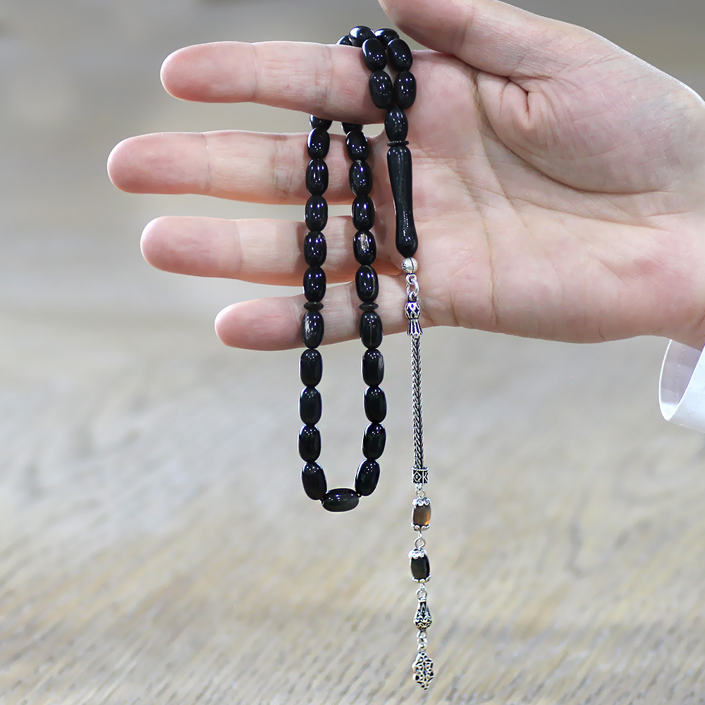 Bufalo Boynuzu Tesbih - 925 Ayar Gümüş Püsküllü - Koyu Renk - Kapsül Kesim - 2