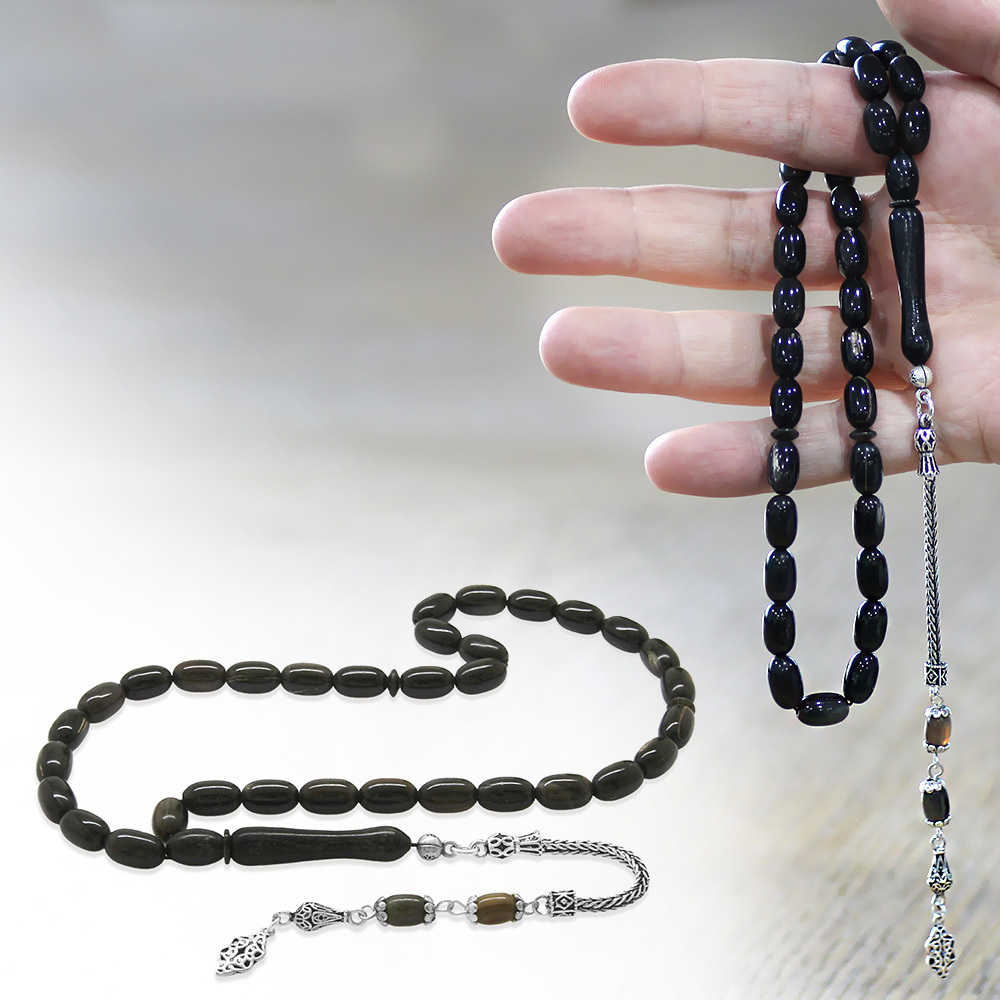 Bufalo Boynuzu Tesbih - 925 Ayar Gümüş Püsküllü - Koyu Renk - Kapsül Kesim - 1