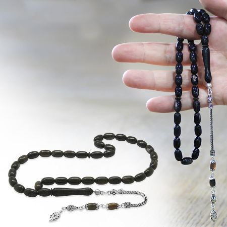 Bufalo Boynuzu Tesbih - 925 Ayar Gümüş Püsküllü - Koyu Renk - Kapsül Kesim - Tesbihane