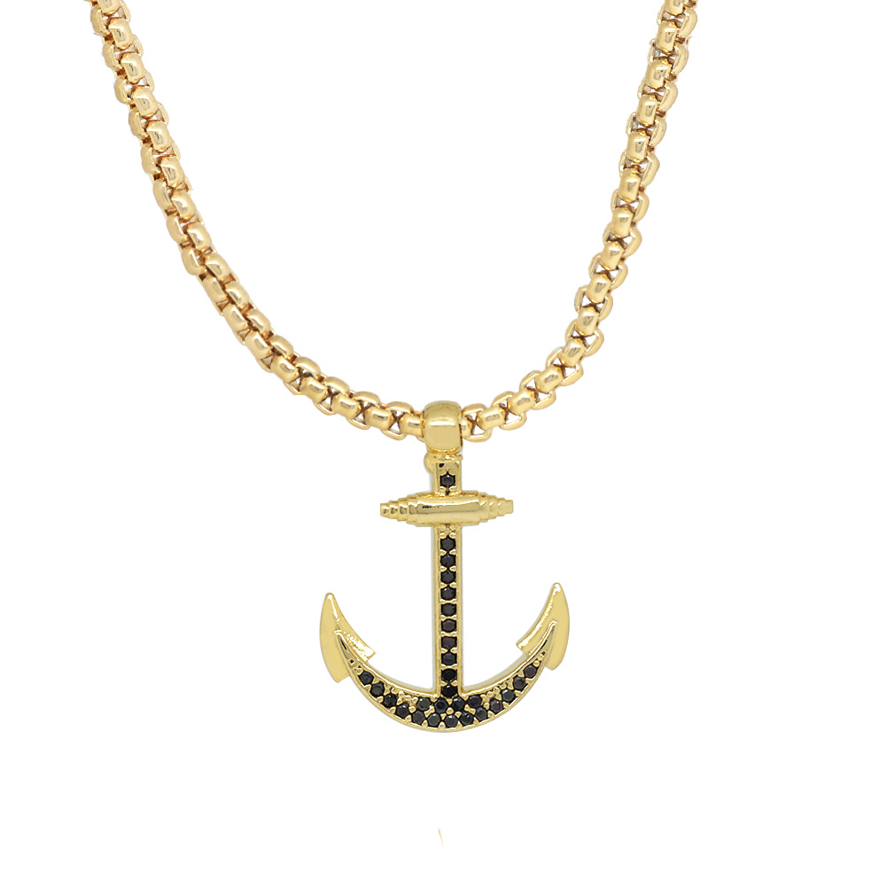Çapa Tasarım Siyah Zirkon Taşlı Gold Renk Zincir Pirinç Kolye - 3