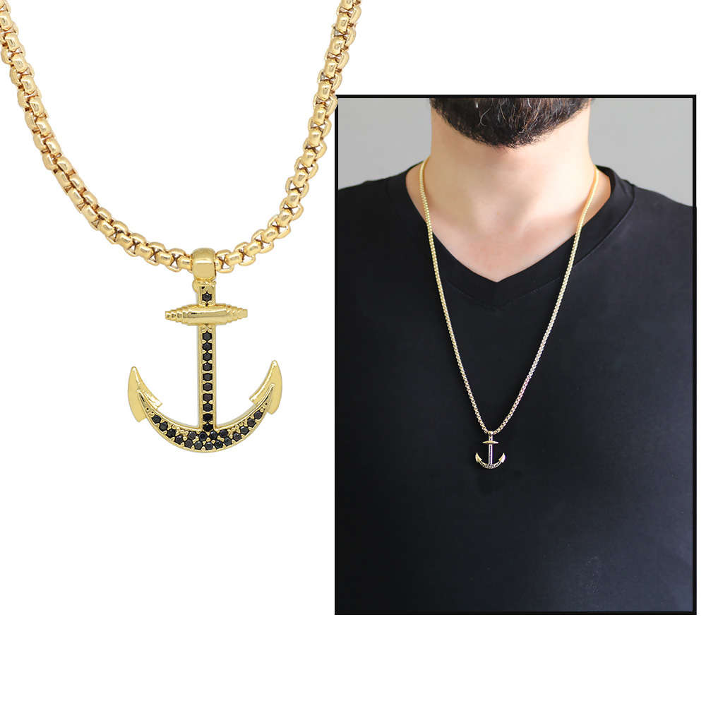 Çapa Tasarım Siyah Zirkon Taşlı Gold Renk Zincir Pirinç Kolye - 1