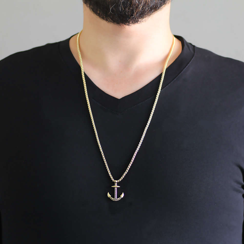 Çapa Tasarım Siyah Zirkon Taşlı Gold Renk Zincir Pirinç Kolye - 2