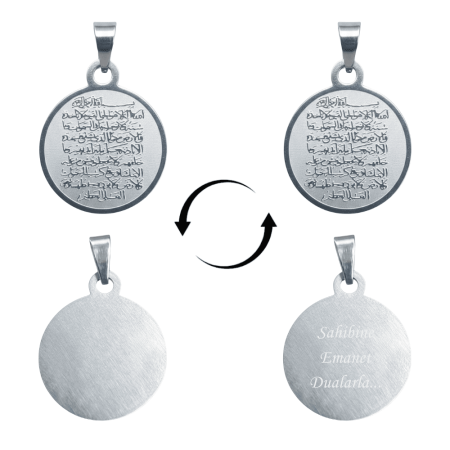 Çelik Püskül Ucu - Ayetel Kürsi Yazılı - Kişiye Özel - Gümüş Renk - Oval Tasarım - Tesbihane