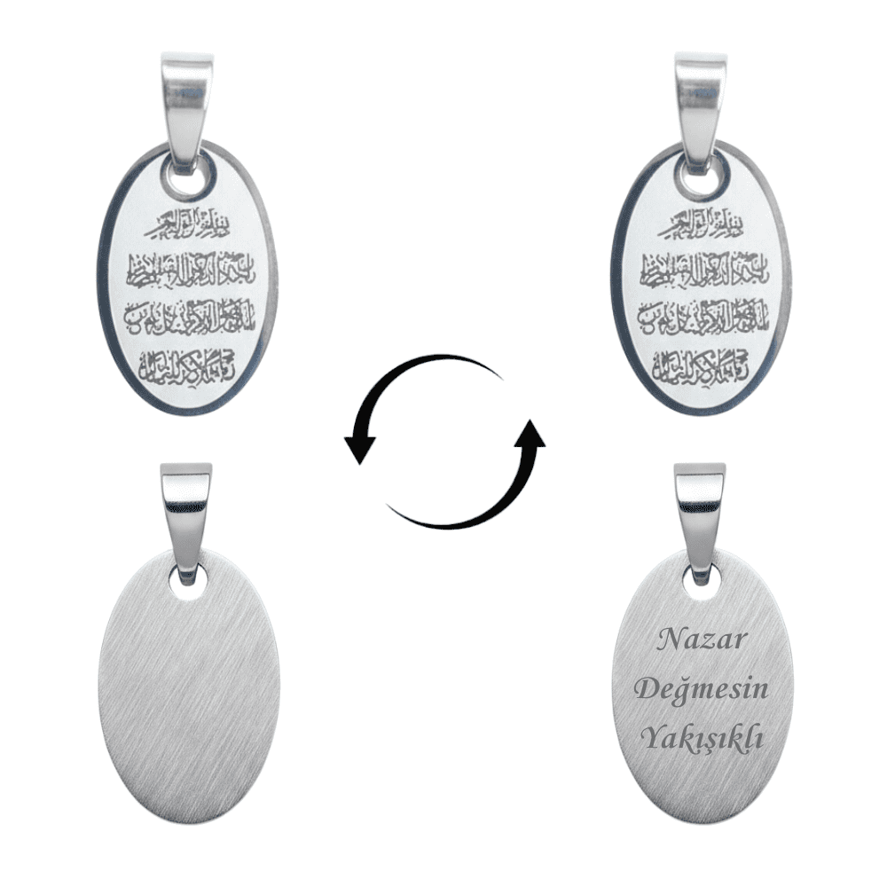 Çelik Püskül Ucu - Nazar Duası Yazılı - Kişiye Özel - Gümüş Renk - Elips Tasarım - 1