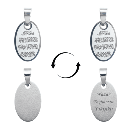 Çelik Püskül Ucu - Nazar Duası Yazılı - Kişiye Özel - Gümüş Renk - Elips Tasarım - Tesbihane