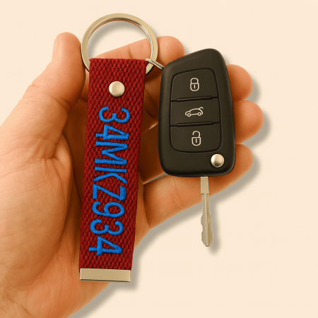 Çelik Tokalı - Kişiye Özel Anahtarlık - Bordo Renk - Dayanıklı Kumaş Üzerine İsim Plaka Nakışlı - Tesbihane