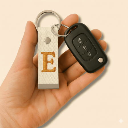 Çelik Tokalı - Kişiye Özel Anahtarlık - Ekru Renk - Dayanıklı Kumaş Üzerine Harf - Sembol Nakışlı - Tesbihane