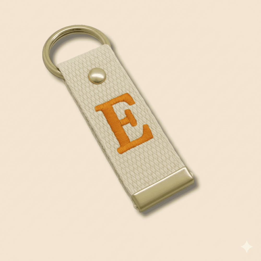 Çelik Tokalı - Kişiye Özel Anahtarlık - Ekru Renk - Dayanıklı Kumaş Üzerine Harf - Sembol Nakışlı - 3