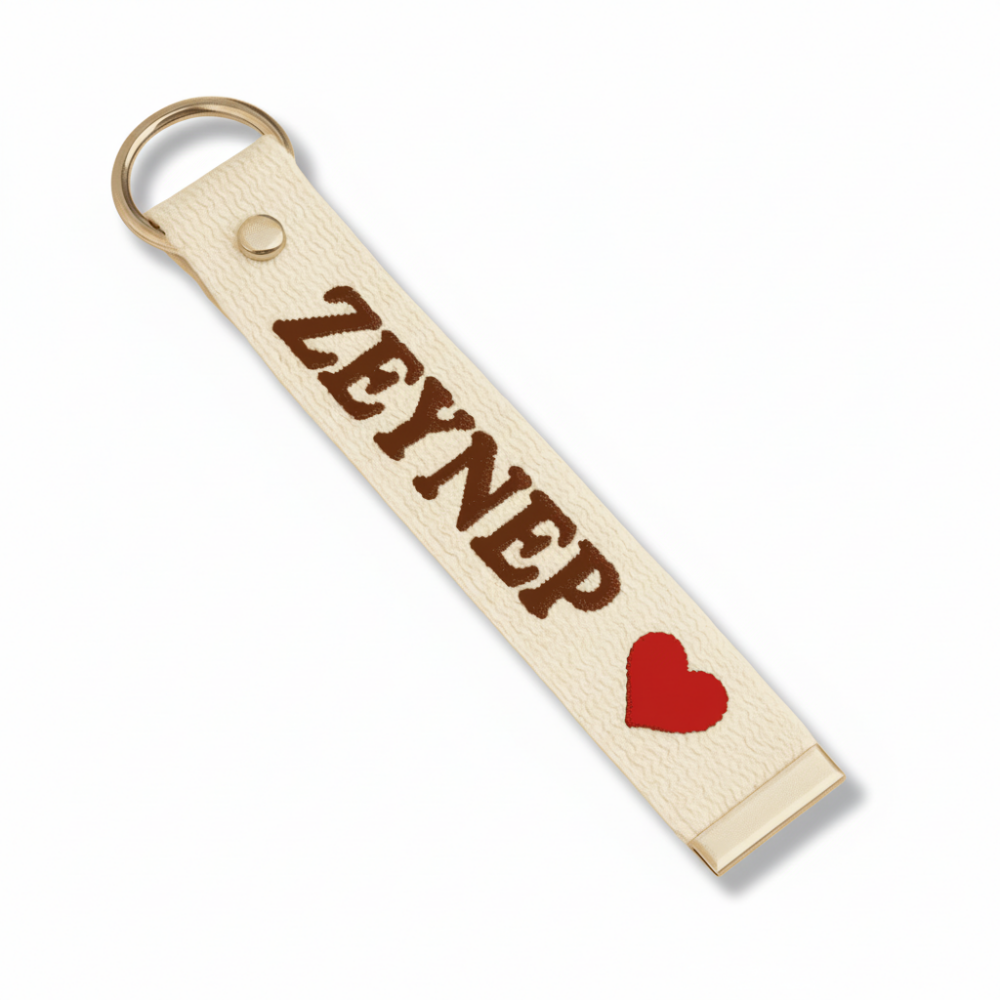 Çelik Tokalı - Kişiye Özel Anahtarlık - Ekru Renk - Dayanıklı Kumaş Üzerine İsim - Sembol Nakışlı - 4