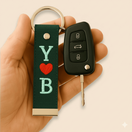 Çelik Tokalı - Kişiye Özel Anahtarlık - Haki Renk - Dayanıklı Kumaş Üzerine 2 Harf - Sembol Nakışlı - Tesbihane