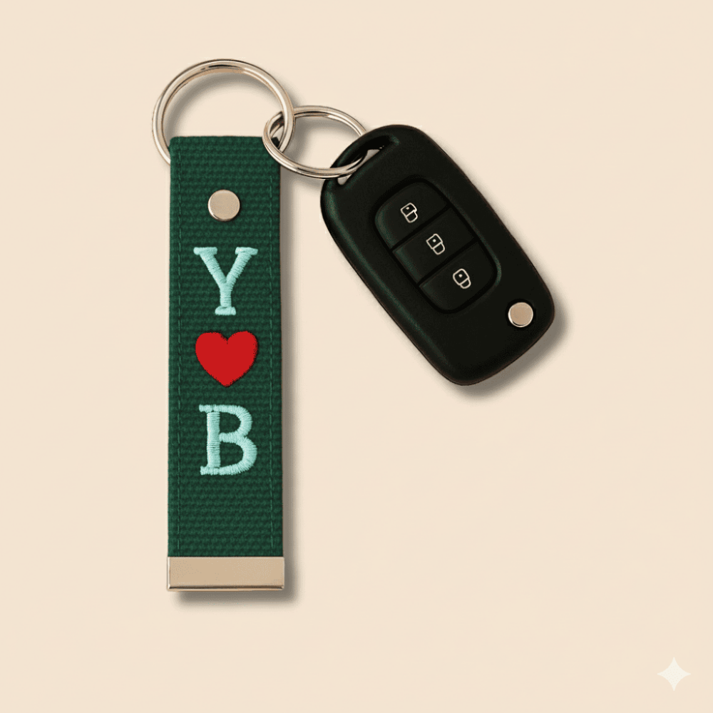 Çelik Tokalı - Kişiye Özel Anahtarlık - Haki Renk - Dayanıklı Kumaş Üzerine 2 Harf - Sembol Nakışlı - 2