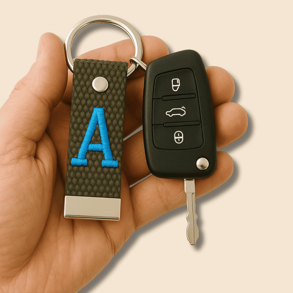 Çelik Tokalı - Kişiye Özel Anahtarlık - Haki Renk - Dayanıklı Kumaş Üzerine Harf - Sembol Nakışlı - 1