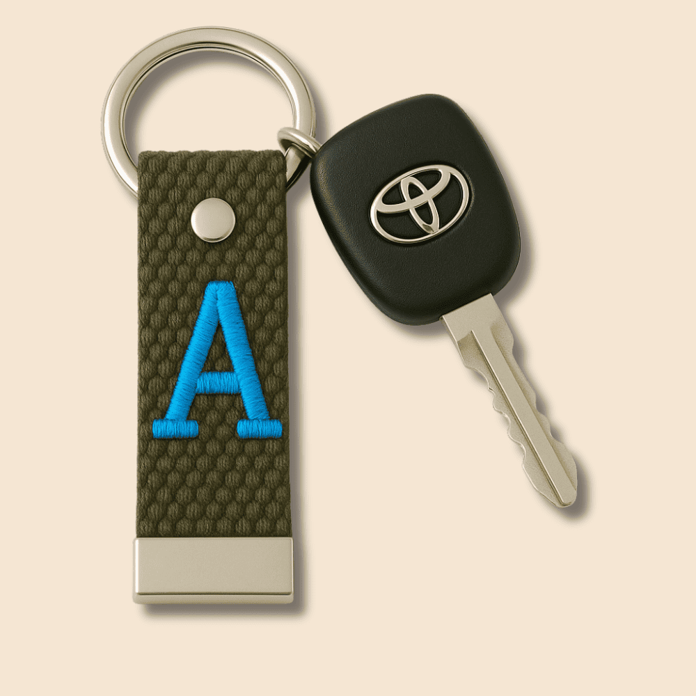 Çelik Tokalı - Kişiye Özel Anahtarlık - Haki Renk - Dayanıklı Kumaş Üzerine Harf - Sembol Nakışlı - 2