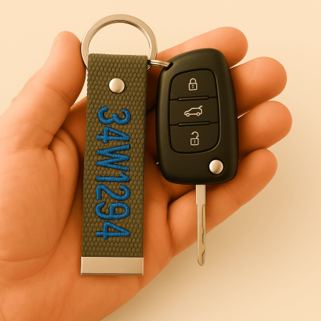 Çelik Tokalı - Kişiye Özel Anahtarlık - Haki Renk - Dayanıklı Kumaş Üzerine İsim - Plaka Nakışlı - Tesbihane