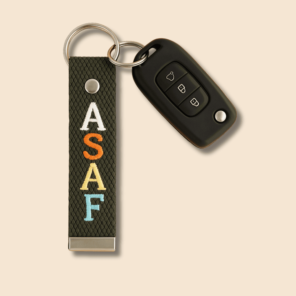 Çelik Tokalı - Kişiye Özel Anahtarlık - Haki Renk - Dayanıklı Kumaş Üzerine İsim - Sembol Nakışlı - 2