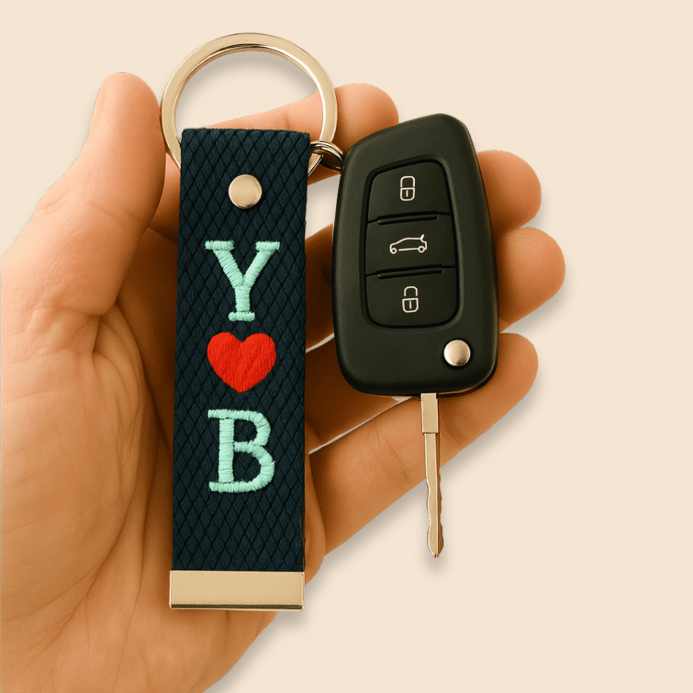 Çelik Tokalı - Kişiye Özel Anahtarlık - Lacivert - Dayanıklı Kumaş Üzerine 2 Harf - Sembol Nakışlı - 1