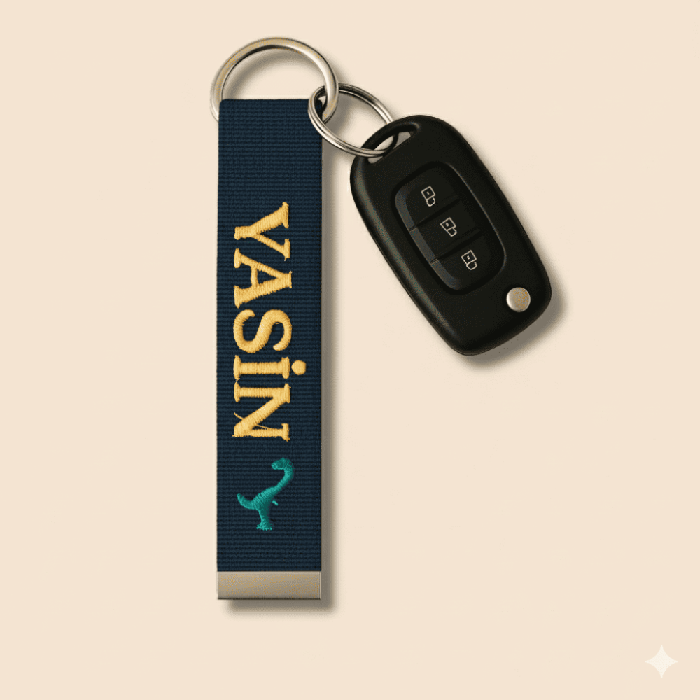 Çelik Tokalı - Kişiye Özel Anahtarlık - Lacivert - Dayanıklı Kumaş Üzerine İsim - Sembol Nakışlı - 2