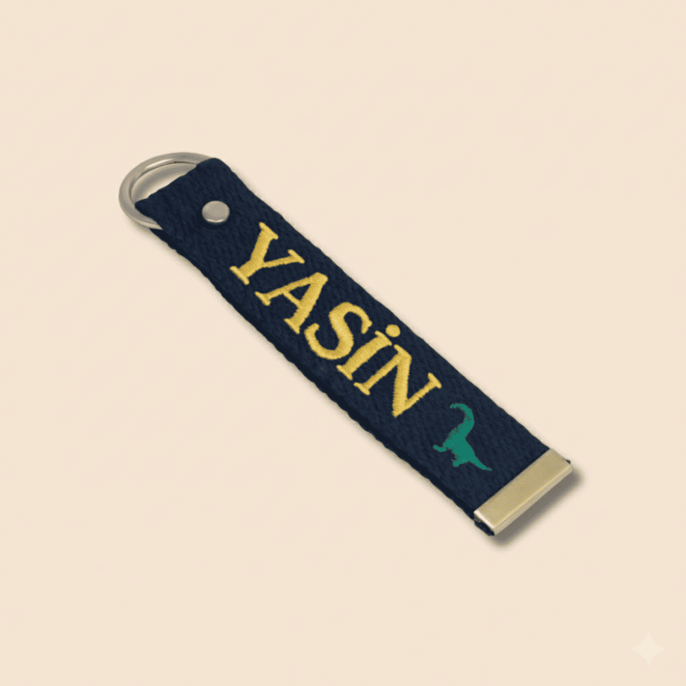 Çelik Tokalı - Kişiye Özel Anahtarlık - Lacivert - Dayanıklı Kumaş Üzerine İsim - Sembol Nakışlı - 3