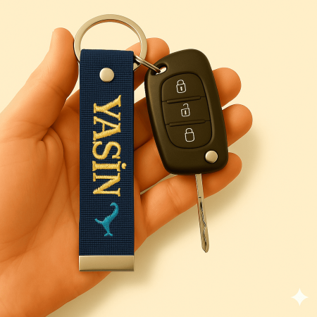 Çelik Tokalı - Kişiye Özel Anahtarlık - Lacivert - Dayanıklı Kumaş Üzerine İsim - Sembol Nakışlı - Tesbihane