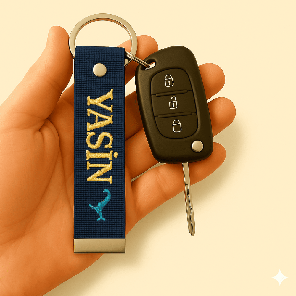 Çelik Tokalı - Kişiye Özel Anahtarlık - Lacivert - Dayanıklı Kumaş Üzerine İsim - Sembol Nakışlı - 1