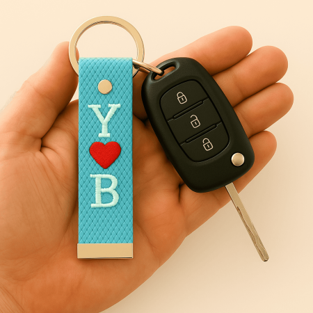 Çelik Tokalı - Kişiye Özel Anahtarlık - Turkuaz - Dayanıklı Kumaş Üzerine 2 Harf - Sembol Nakışlı - Tesbihane