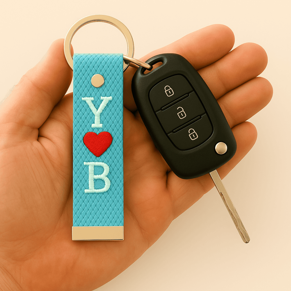 Çelik Tokalı - Kişiye Özel Anahtarlık - Turkuaz - Dayanıklı Kumaş Üzerine 2 Harf - Sembol Nakışlı - 1