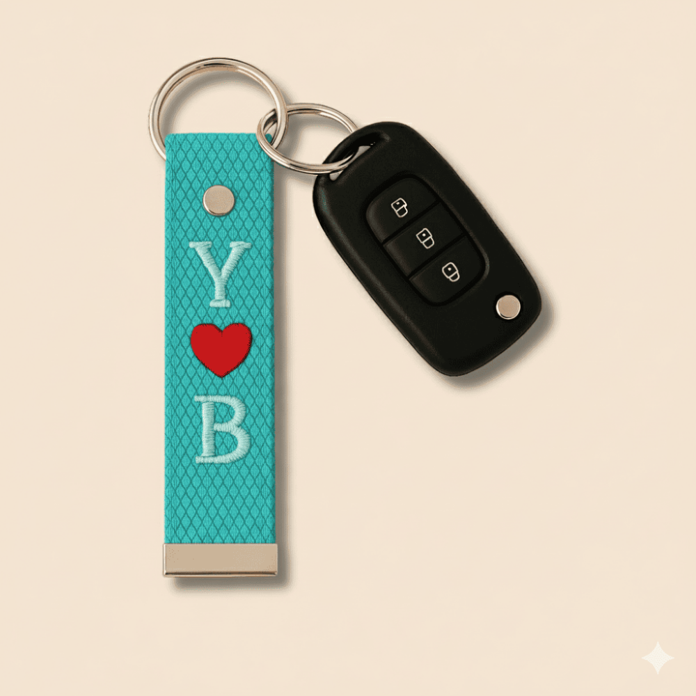 Çelik Tokalı - Kişiye Özel Anahtarlık - Turkuaz - Dayanıklı Kumaş Üzerine 2 Harf - Sembol Nakışlı - 2