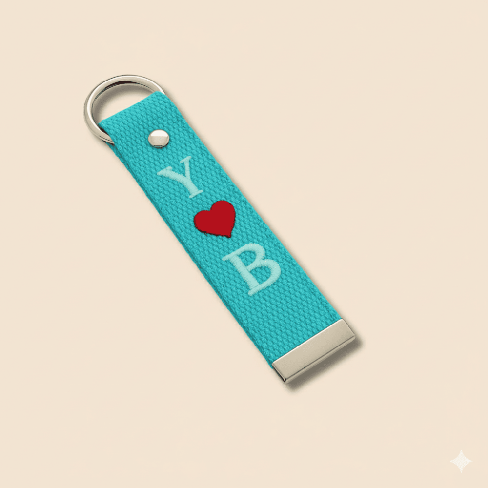Çelik Tokalı - Kişiye Özel Anahtarlık - Turkuaz - Dayanıklı Kumaş Üzerine 2 Harf - Sembol Nakışlı - 3