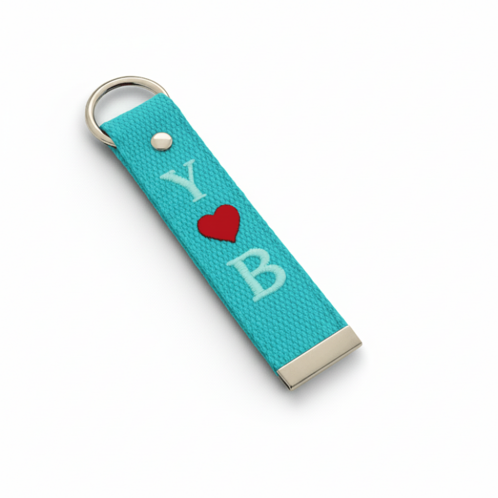 Çelik Tokalı - Kişiye Özel Anahtarlık - Turkuaz - Dayanıklı Kumaş Üzerine 2 Harf - Sembol Nakışlı - 4