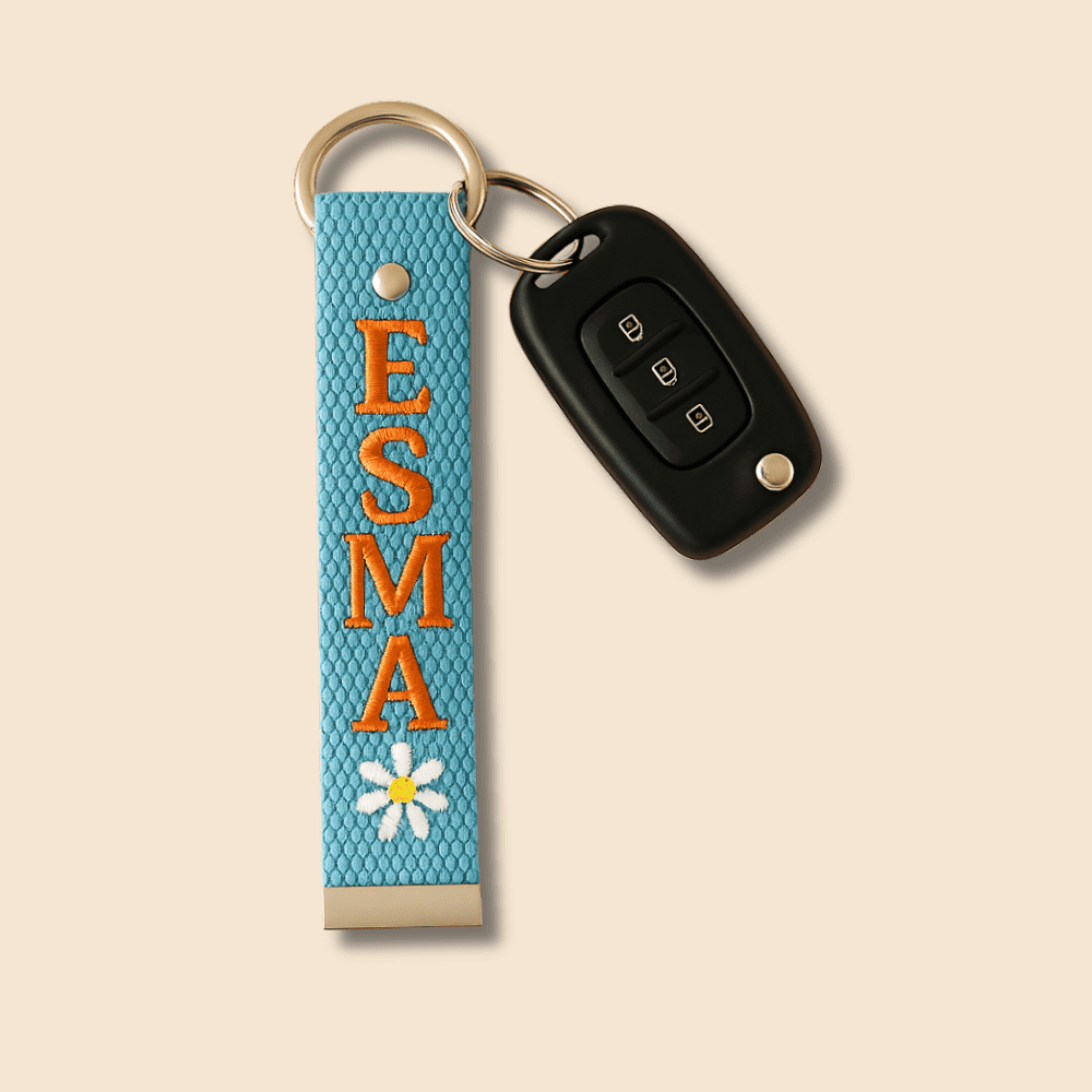 Çelik Tokalı - Kişiye Özel Anahtarlık - Turkuaz Renk - Dayanıklı Kumaş Üzerine İsim - Sembol Nakışlı - 2