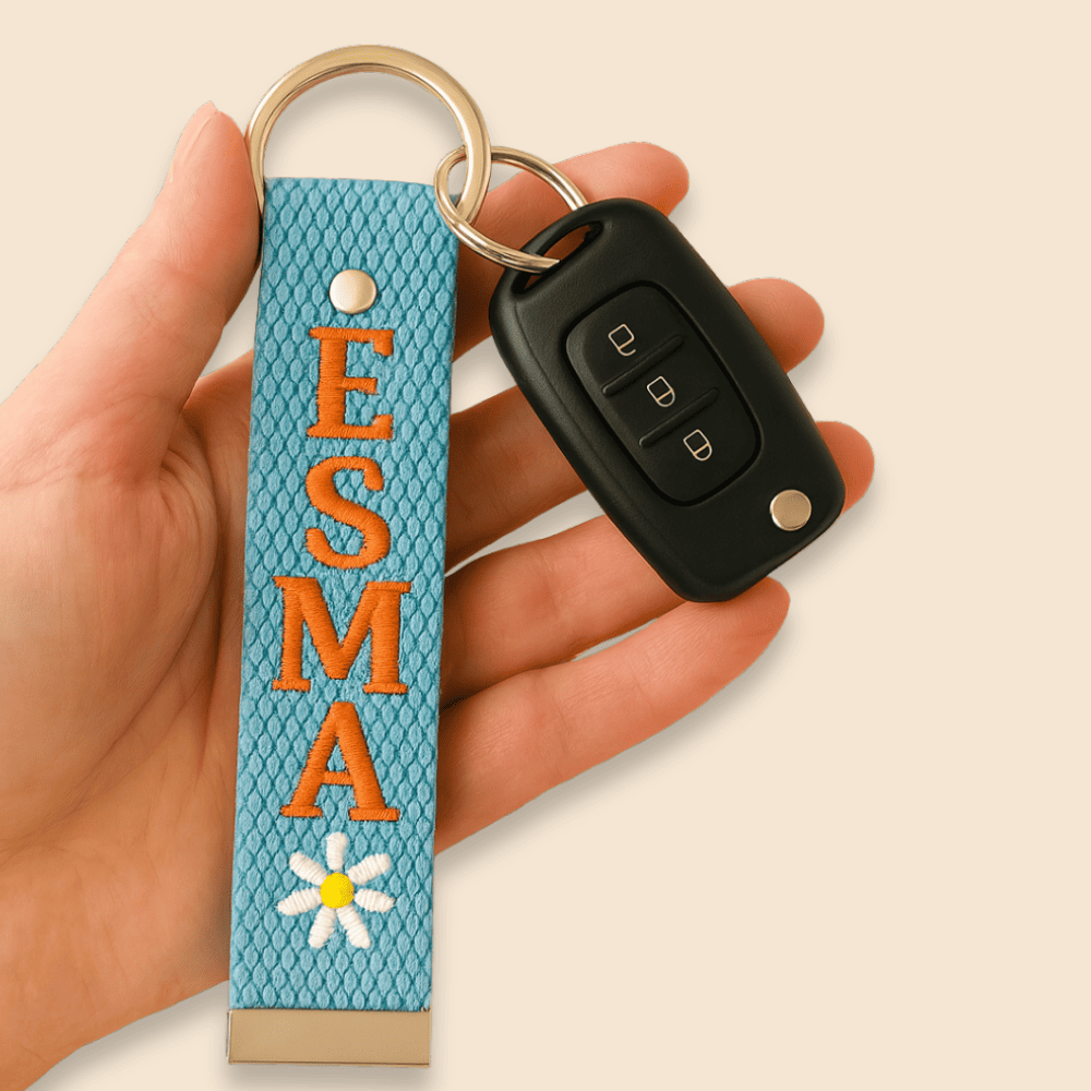 Çelik Tokalı - Kişiye Özel Anahtarlık - Turkuaz Renk - Dayanıklı Kumaş Üzerine İsim - Sembol Nakışlı - 1