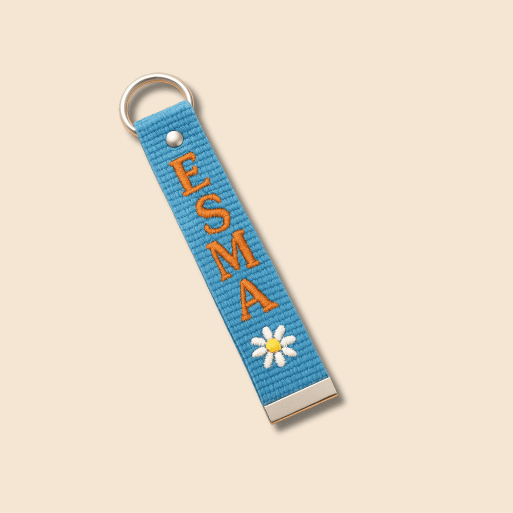 Çelik Tokalı - Kişiye Özel Anahtarlık - Turkuaz Renk - Dayanıklı Kumaş Üzerine İsim - Sembol Nakışlı - 3