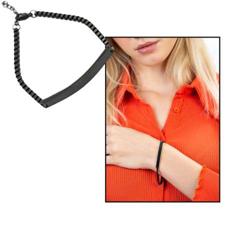 Çelik Zincirli Siyah Renk Kişiye Özel İsim Yazılı Kadın Bileklik - Tesbihane