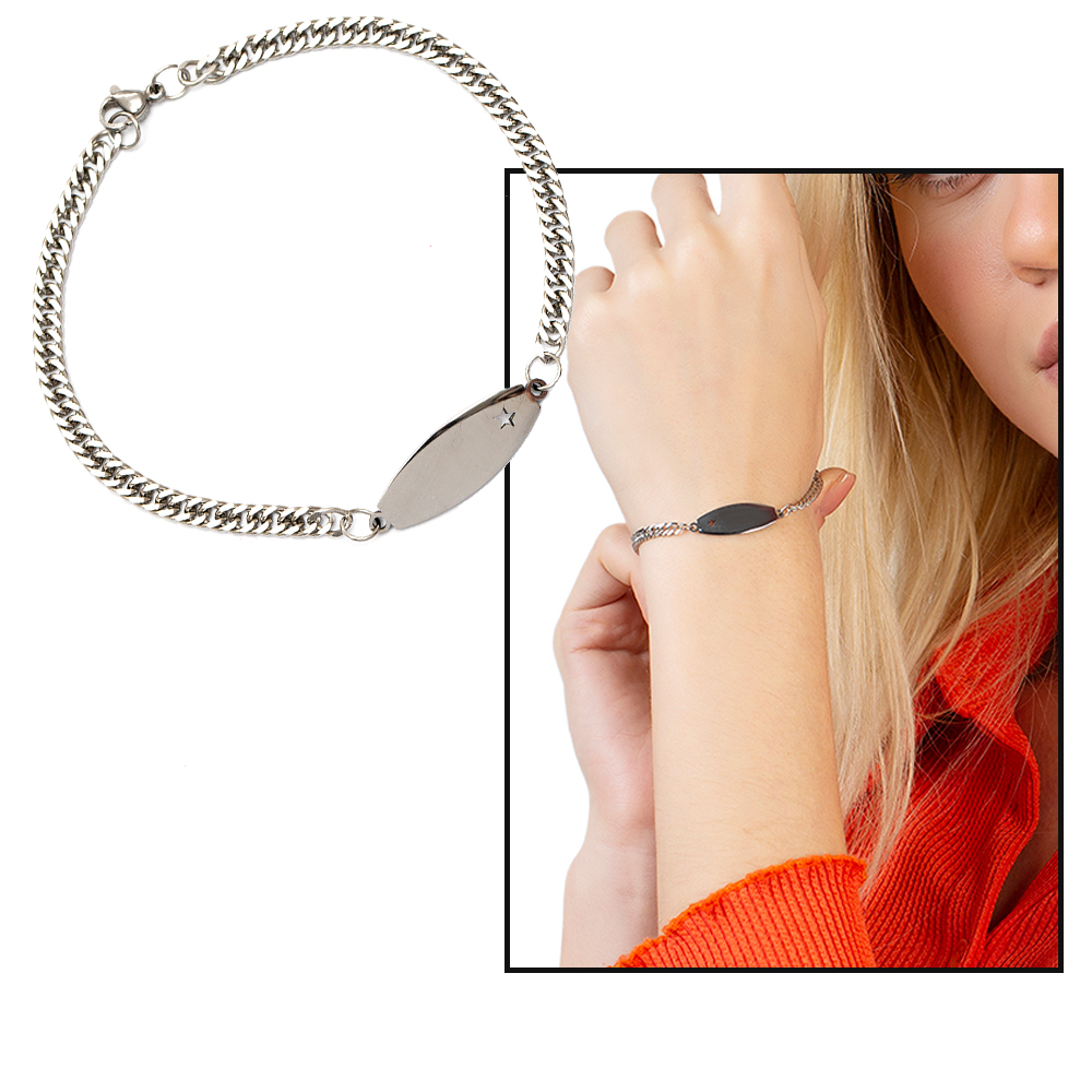 Yıldız Detaylı Gümüş Renk Kişiye Özel İsim Yazılı Çelik Kadın Bileklik - 1