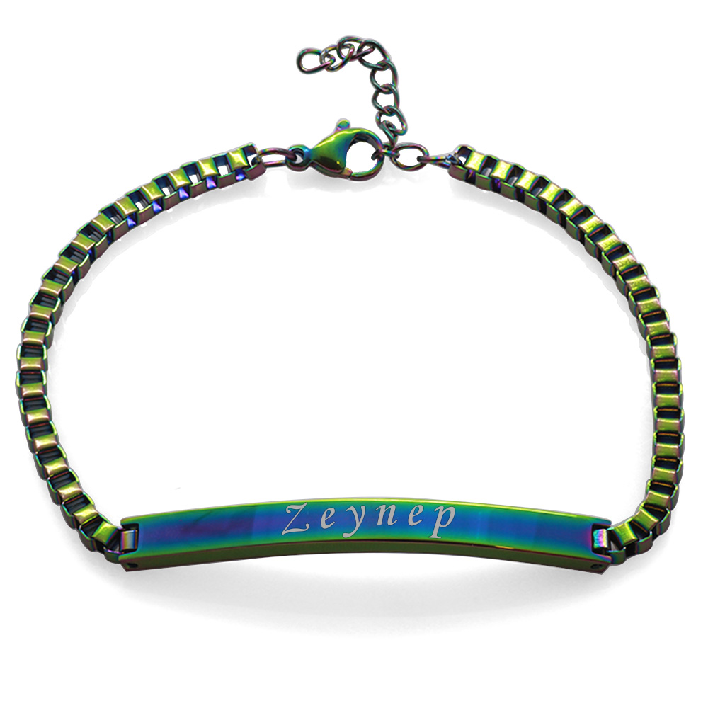 Çelik Zincirli Buz Mavi İsme Özel Yazılı Kadın Bileklik - 1
