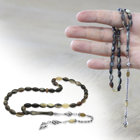 Çeşmi Bülbül Tasarım Kararmaz Metal Püsküllü Arpa Kesim Naturel Renk Bufalo Boynuzu Tesbih - Tesbihane