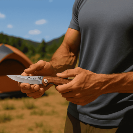 Ceviz Ağacı Saplı Kilit Mekanizmalı İsme Özel Yazılı Dövme Çelikten Avcı ve Kamp Bıçağı - F105 - Tesbihane