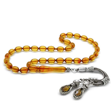 Çift Alpaka Püsküllü Arpa Kesim Açık Sarı Ateş Kehribar Tesbih - Tesbihane