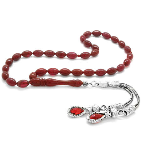 Çift Alpaka Püsküllü Arpa Kesim Opak Kırmızı Sıkma Kehribar Tesbih - Tesbihane