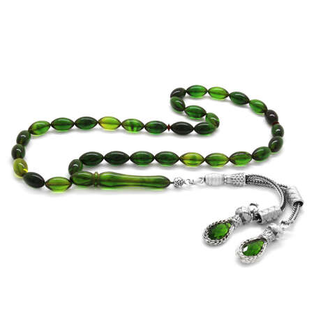 Çift Alpaka Püsküllü Arpa Kesim Yeşil Ateş Kehribar Tesbih - Tesbihane