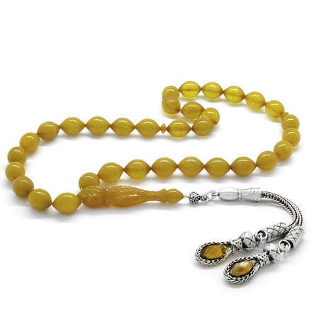 Çift Alpaka Püsküllü Sivri Arpa Kesim Hareli Sarı Sıkma Kehribar Tesbih - Tesbihane