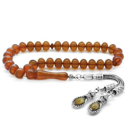 Çift Alpaka Püsküllü Tekerlek Kesim Bal Rengi Ateş Kehribar Tesbih - Tesbihane