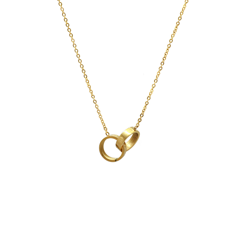 Çift Alyans Tasarım Altın Renk Çelik Kadın Kolye - 5