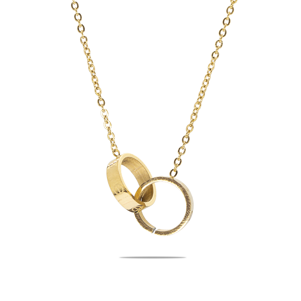 Çift Alyans Tasarım Altın Renk Çelik Kadın Kolye - 6