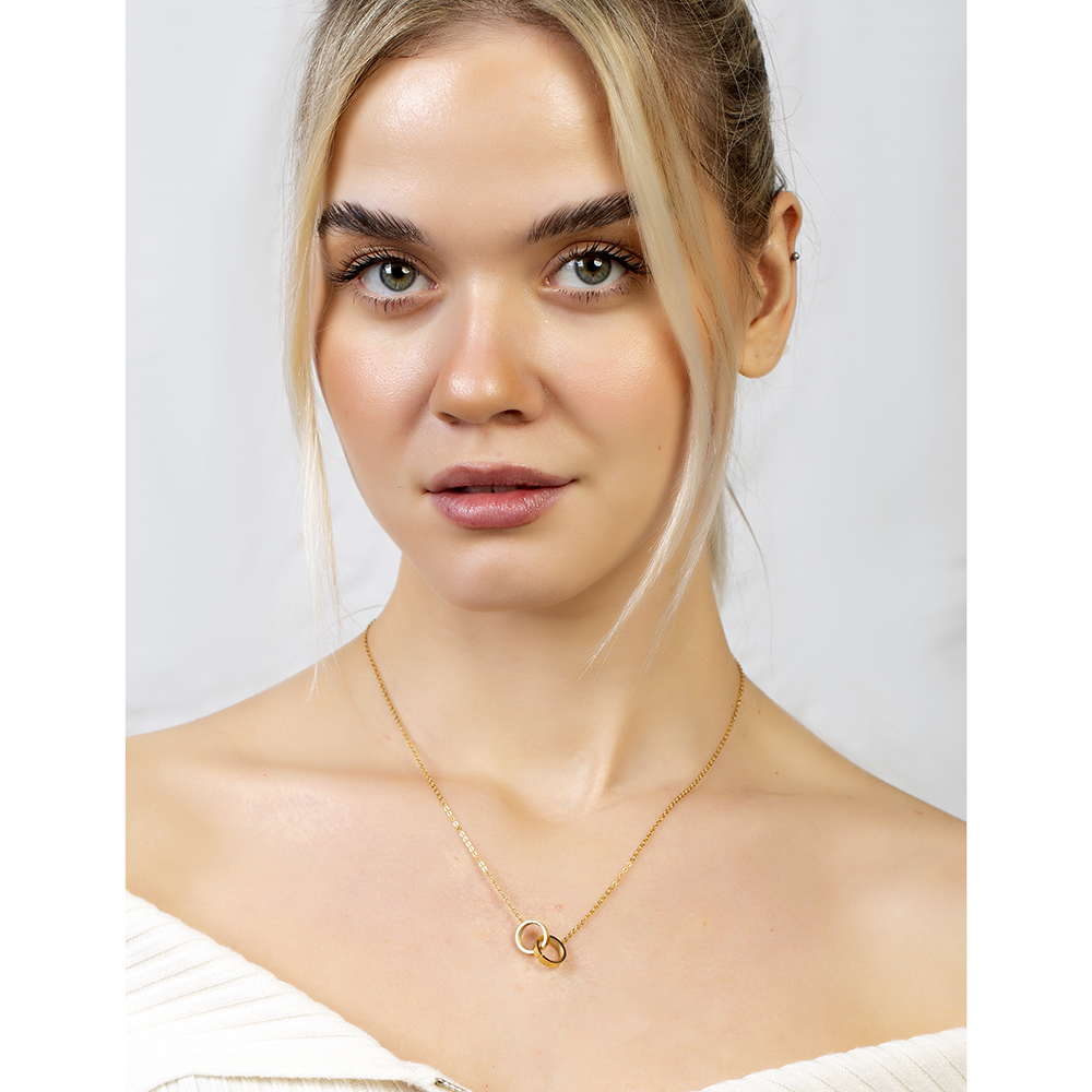 Çift Alyans Tasarım Altın Renk Çelik Kadın Kolye - 4