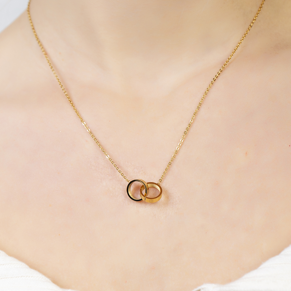 Çift Alyans Tasarım Altın Renk Çelik Kadın Kolye - 3