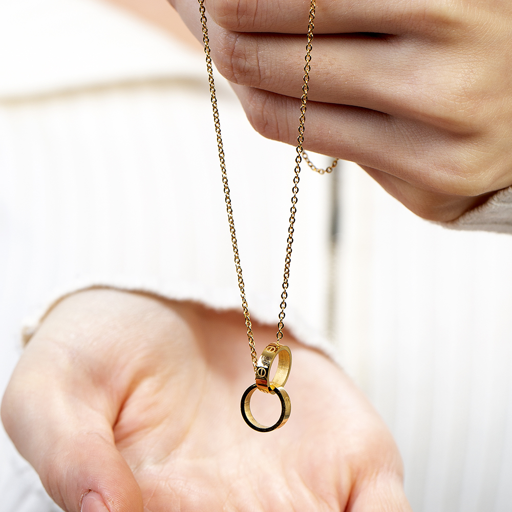 Çift Alyans Tasarım Altın Renk Çelik Kadın Kolye - 2